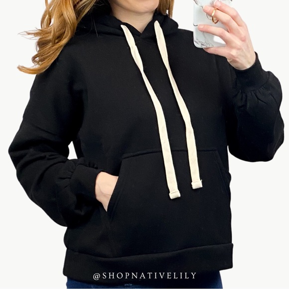 NWT Zenana Cell Phone Pocket Fleece Hoodie Sweatshirt, Black - Picture 3 of 5